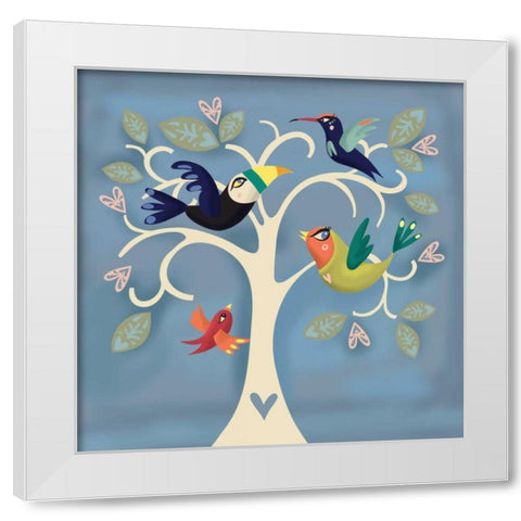 Birds in a Tree White Modern Wood Framed Art Print by P.S. Art Studios