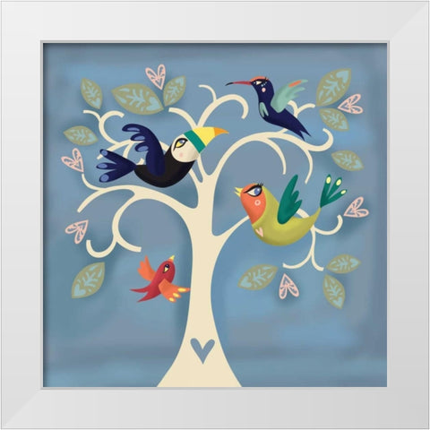 Birds in a Tree White Modern Wood Framed Art Print by P.S. Art Studios