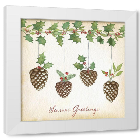 Seasons Greetings Pine Cones White Modern Wood Framed Art Print by P.S. Art