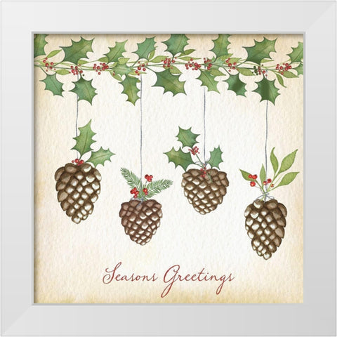 Seasons Greetings Pine Cones White Modern Wood Framed Art Print by P.S. Art