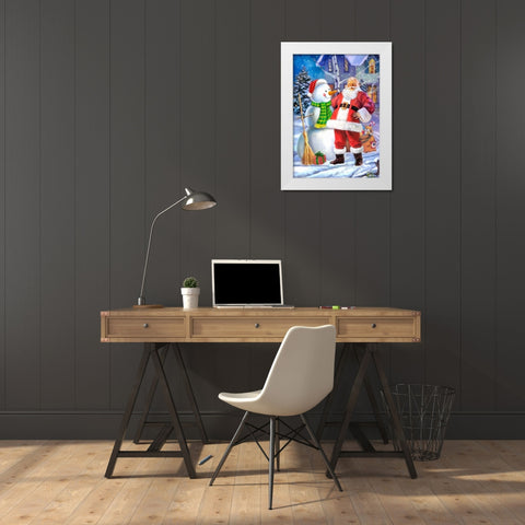 Santa and Snowman White Modern Wood Framed Art Print by P.S. Art