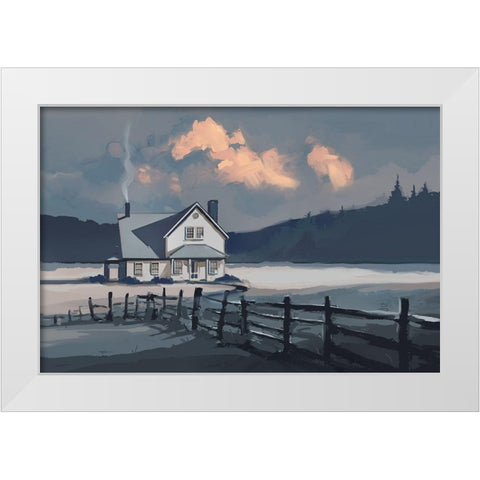 House on a Blue Lake White Modern Wood Framed Art Print by P.S. Art
