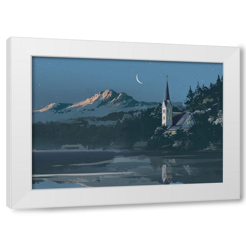 Church on a Blue Lake White Modern Wood Framed Art Print by P.S. Art