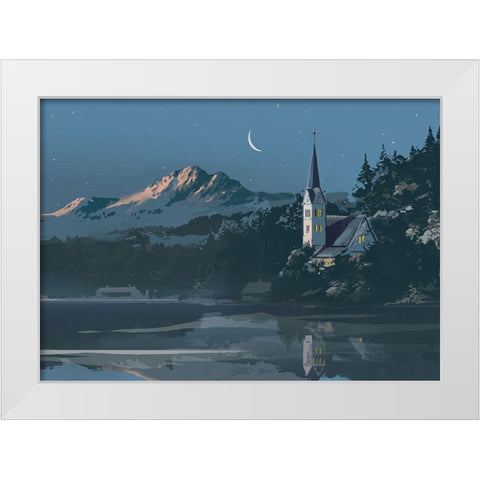 Church on a Blue Lake White Modern Wood Framed Art Print by P.S. Art