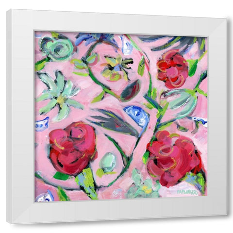 Blue and White with Pink Pattern White Modern Wood Framed Art Print by Pamela J. Wingard
