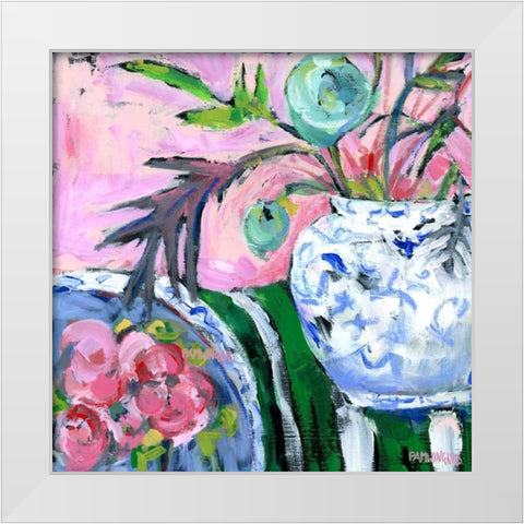 Blue and White with Pink White Modern Wood Framed Art Print by Pamela J. Wingard