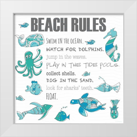 Beach Rules Fish White Modern Wood Framed Art Print by Pamela J. Wingard