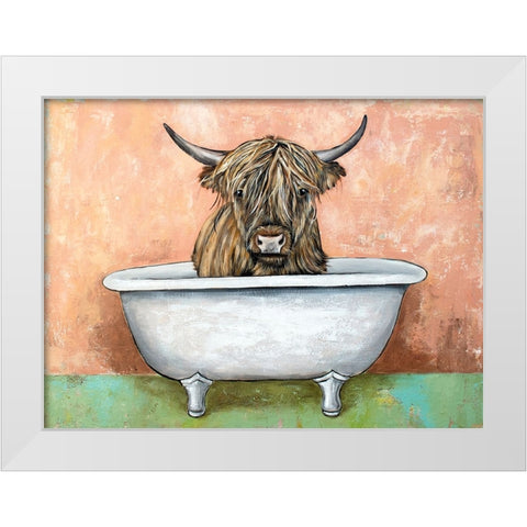 Bathtime Highland Cow White Modern Wood Framed Art Print by Seeley, Jenn