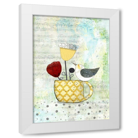 Bird on a Yellow Cup White Modern Wood Framed Art Print by Ogren, Sarah