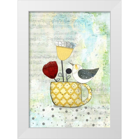 Bird on a Yellow Cup White Modern Wood Framed Art Print by Ogren, Sarah
