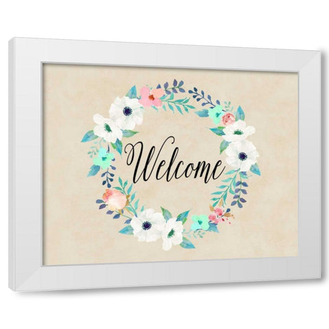 Welcome Teal and Pink White Modern Wood Framed Art Print by Moss, Tara