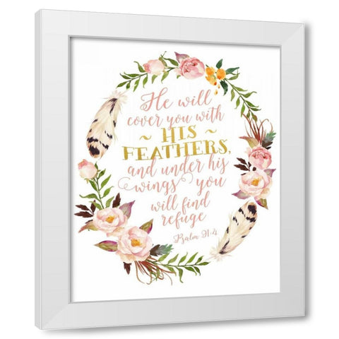 Psalm 91-4 Pink and Gold Wreath White Modern Wood Framed Art Print by Moss, Tara