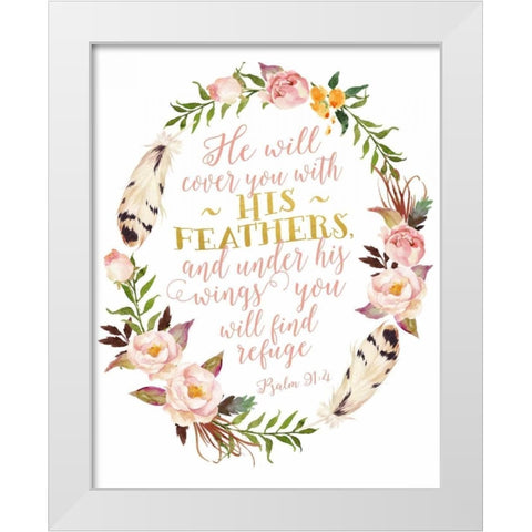 Psalm 91-4 Pink and Gold Wreath White Modern Wood Framed Art Print by Moss, Tara