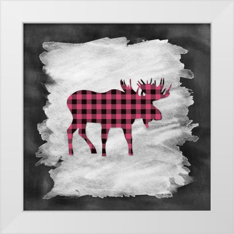 Pink Plaid Moose White Modern Wood Framed Art Print by Moss, Tara