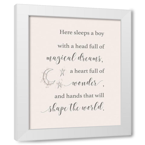 Here Sleeps a Boy White Modern Wood Framed Art Print by Moss, Tara