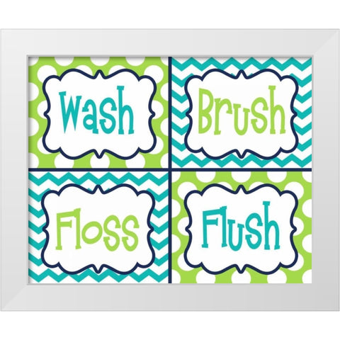 Wash, Brush, Floss, Flush  Green White Modern Wood Framed Art Print by Robinson, Tamara