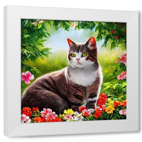 Cat in the Garden IV White Modern Wood Framed Art Print by Dundon, Denise