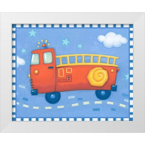 Blue Firetruck White Modern Wood Framed Art Print by Yellow Cafe