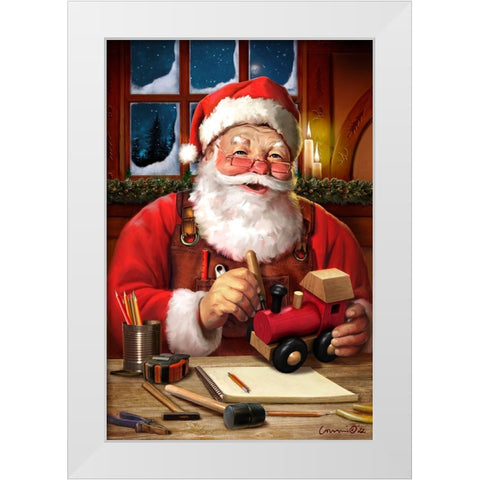 Santa in Workshop White Modern Wood Framed Art Print by Yellow Cafe