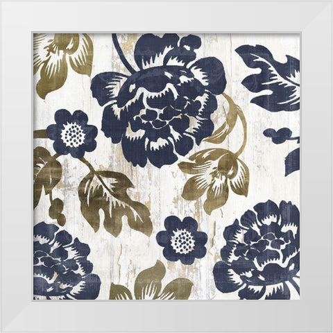 Navy and Gold Damask White Modern Wood Framed Art Print by Sommers, Mindy