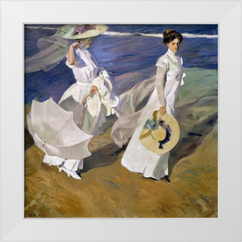 Strolling along the Seashore White Modern Wood Framed Art Print by Sorolla y Bastida, Joaquin