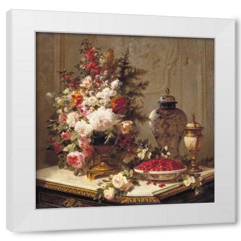 Floral composition on a table White Modern Wood Framed Art Print by Robie, Jean-Baptiste