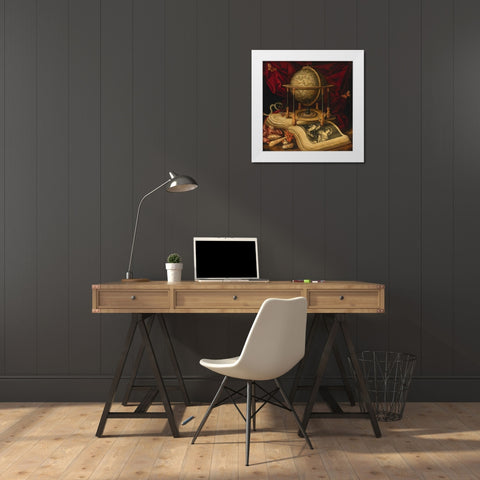 Still Life with Celestial Globe, a Book, Shells, a Snake and Butterflies  White Modern Wood Framed Art Print by Luyckx, Carstian