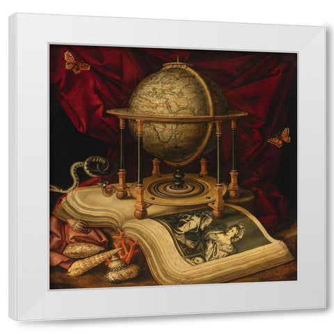 Still Life with Celestial Globe, a Book, Shells, a Snake and Butterflies  White Modern Wood Framed Art Print by Luyckx, Carstian