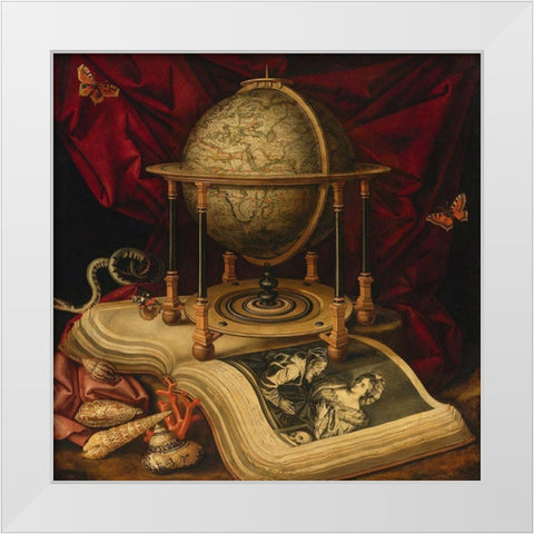 Still Life with Celestial Globe, a Book, Shells, a Snake and Butterflies  White Modern Wood Framed Art Print by Luyckx, Carstian