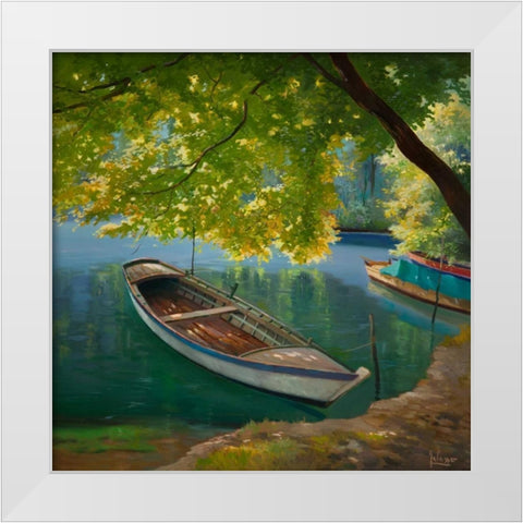 Barca sul fiume White Modern Wood Framed Art Print by Galasso, Adriano
