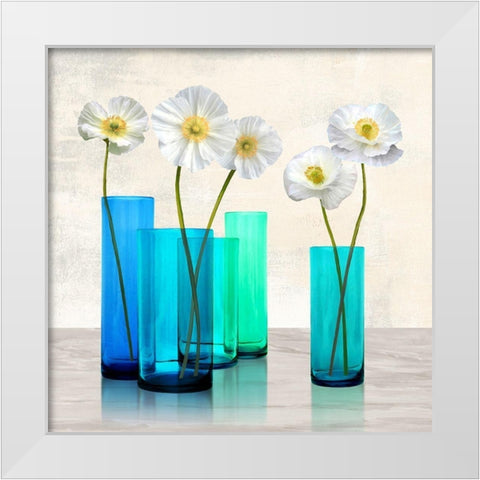 Poppies in crystal vases (Aqua I) White Modern Wood Framed Art Print by Cynthia, Ann