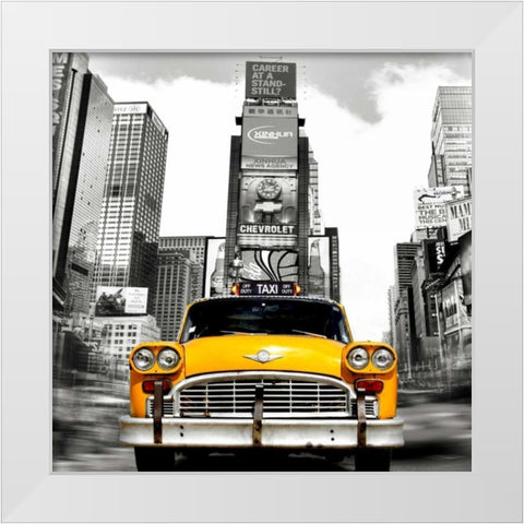 Vintage Taxi in Times Square, NYC (detail) White Modern Wood Framed Art Print by Lauren