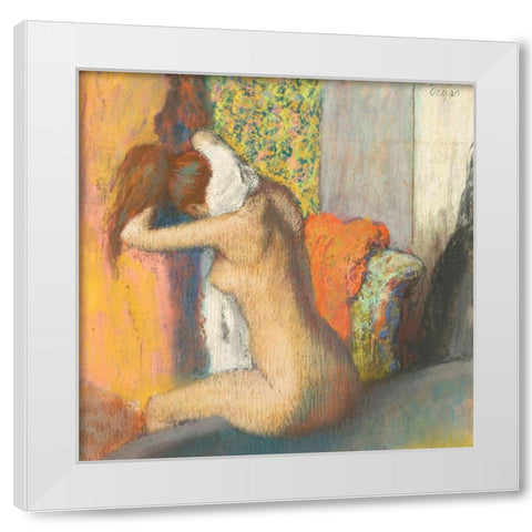Apres le Bain- Femme Sessuyant la Nuque White Modern Wood Framed Art Print by Degas, Edgar