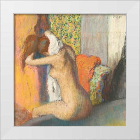 Apres le Bain- Femme Sessuyant la Nuque White Modern Wood Framed Art Print by Degas, Edgar