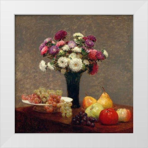 Asters and Fruit on a Table White Modern Wood Framed Art Print by Fantin-Latour, Henri