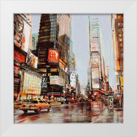 Taxi in Times Square White Modern Wood Framed Art Print by Mannarini, John B.