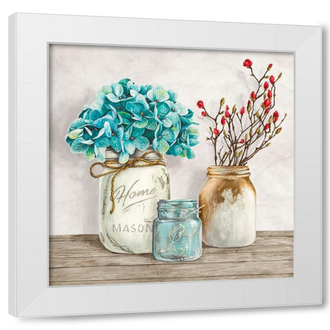 Floral composition with Mason Jars I White Modern Wood Framed Art Print by Jenny, Thomlinson