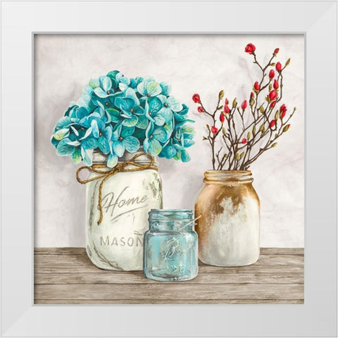 Floral composition with Mason Jars I White Modern Wood Framed Art Print by Jenny, Thomlinson