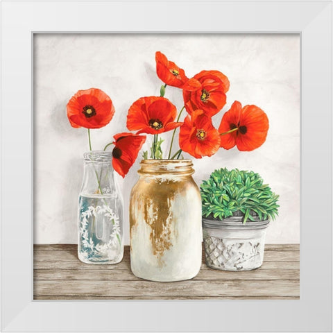 Floral composition with Mason Jars II White Modern Wood Framed Art Print by Jenny, Thomlinson