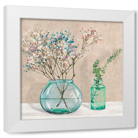 Floral setting with glass vases I White Modern Wood Framed Art Print by Thomlison, Jenny