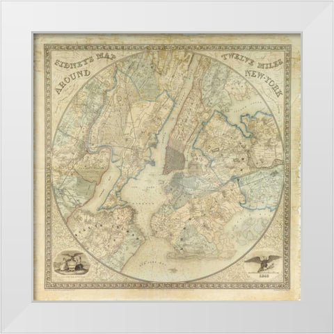 Twelve Miles around NY Map, 1849 White Modern Wood Framed Art Print by Anonymous