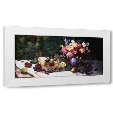 Vase of Flowers and Fruit on a Draped Table White Modern Wood Framed Art Print by Burghardt, Adam