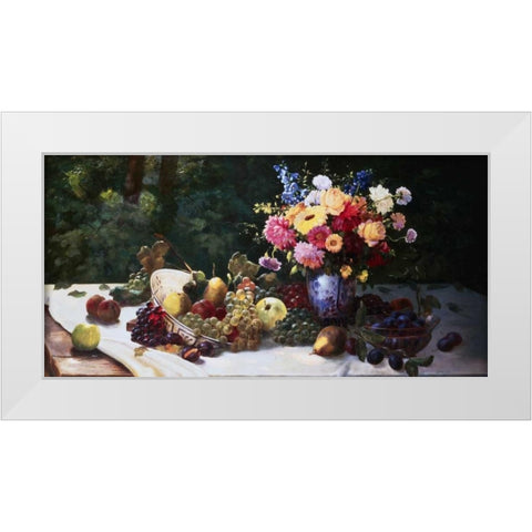 Vase of Flowers and Fruit on a Draped Table White Modern Wood Framed Art Print by Burghardt, Adam