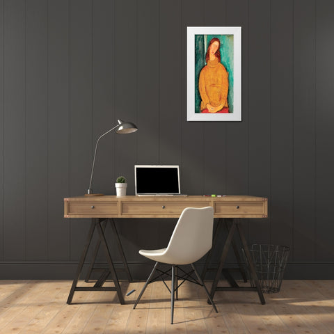 Portrait of Jeanne HeÂ´buterne White Modern Wood Framed Art Print by Modigliani, Amedeo