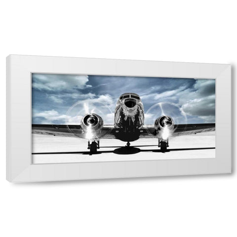 Airplaine taking off in a blue sky White Modern Wood Framed Art Print by Gasoline Images