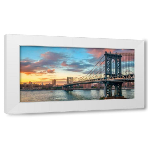 Manhattan Bridge at sunset, NYC White Modern Wood Framed Art Print by Anonymous