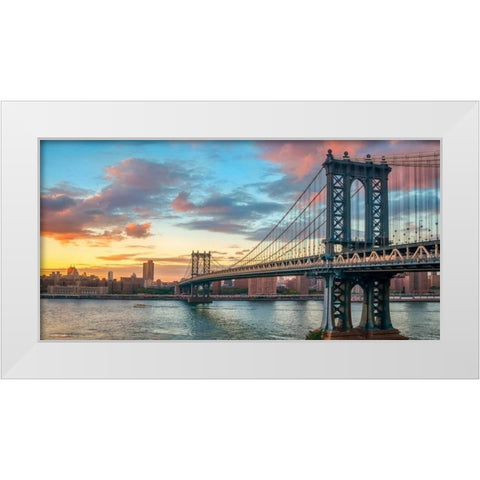 Manhattan Bridge at sunset, NYC White Modern Wood Framed Art Print by Anonymous