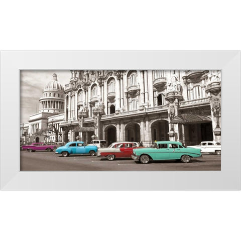 Vintage American cars in Havana, Cuba White Modern Wood Framed Art Print by Anonymous
