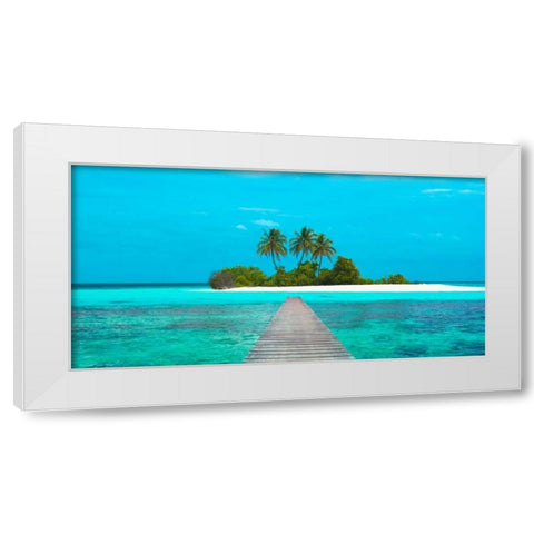 Jetty and Maldivian island White Modern Wood Framed Art Print by Pangea Images