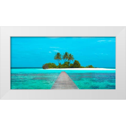 Jetty and Maldivian island White Modern Wood Framed Art Print by Pangea Images